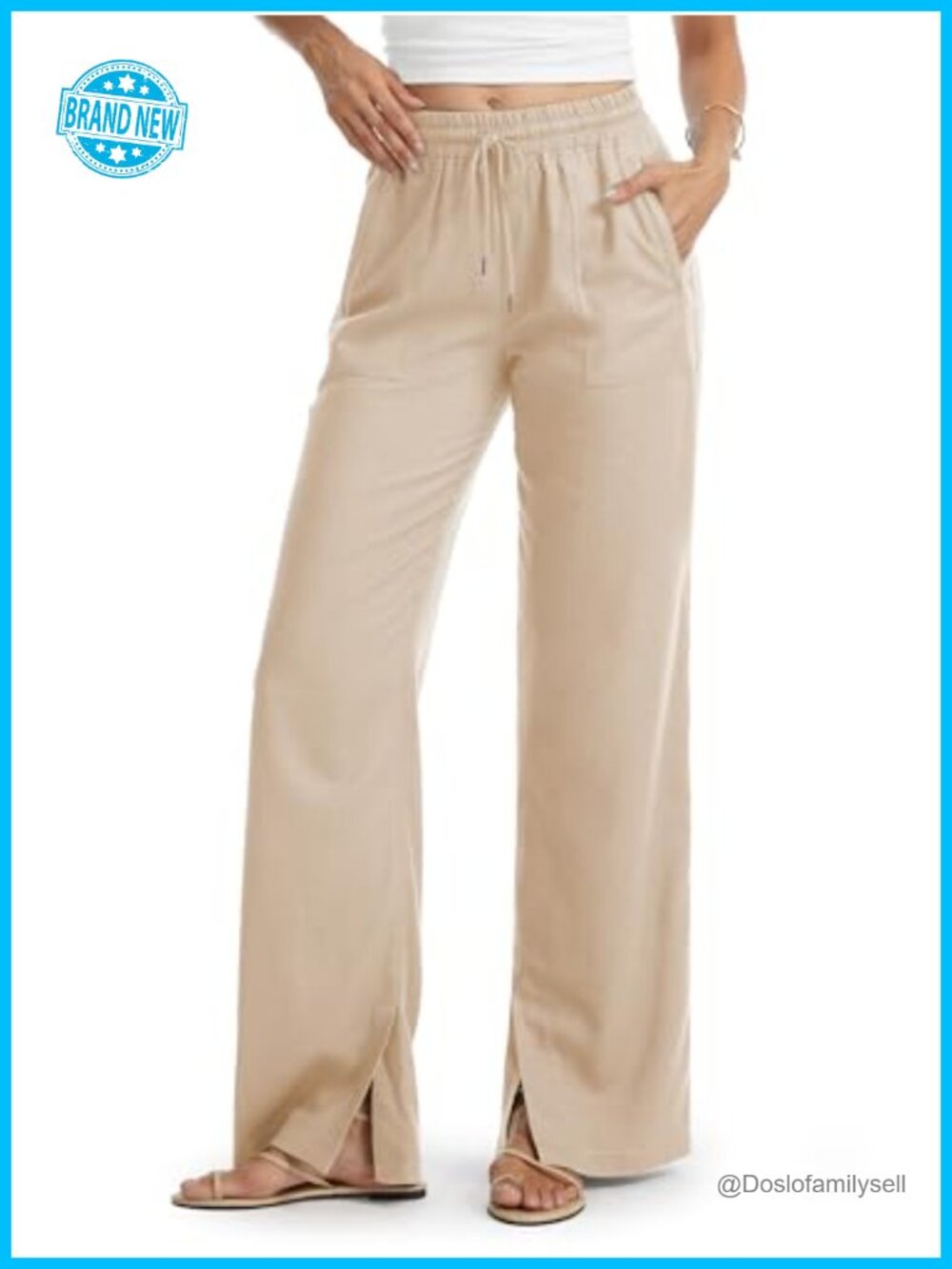 Tall Linen Wide Leg Palazzo Pants with Pockets Side Slit Summer Beach